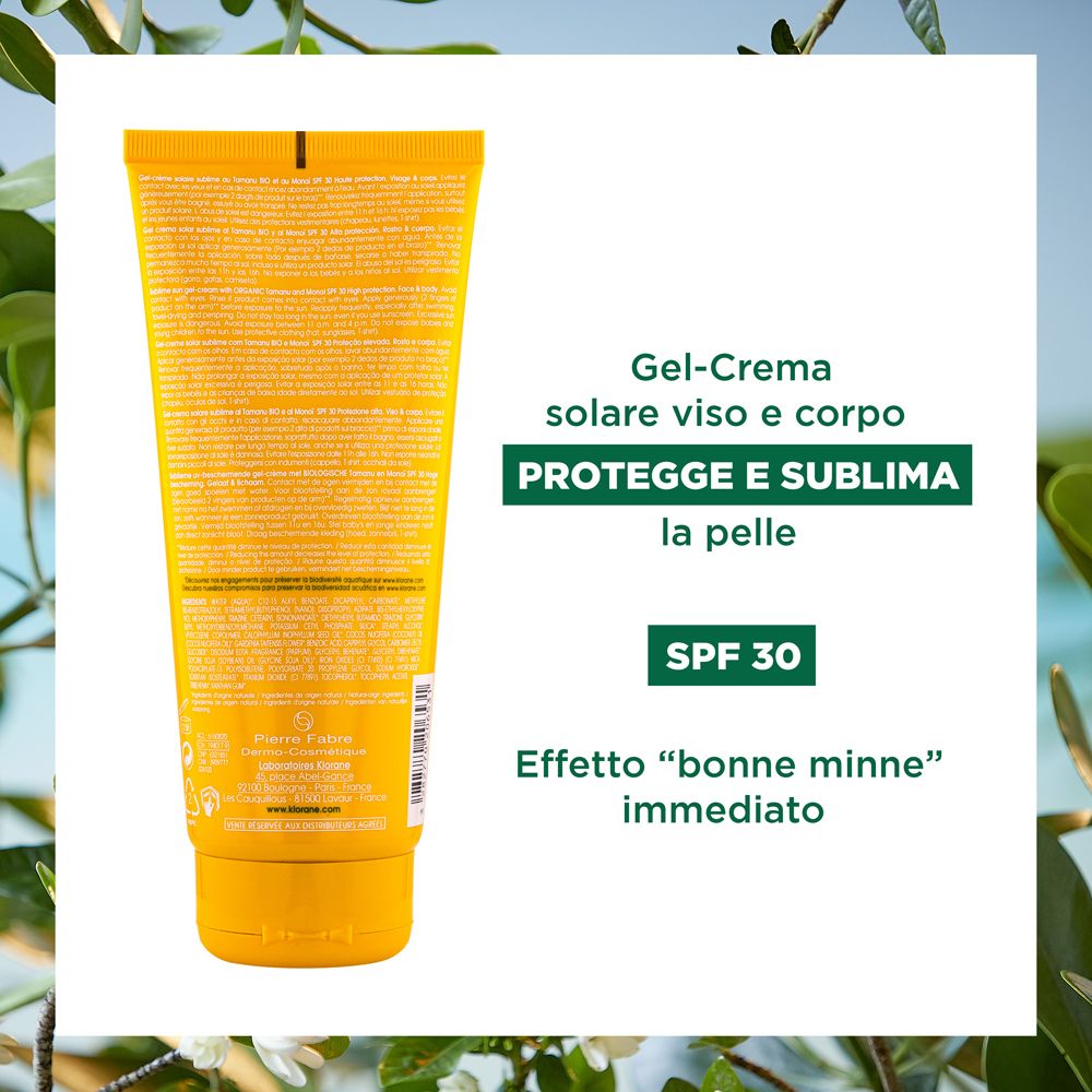 Rückseite der gelben Tube. Text in mehreren Sprachen. Aufschrift: Gel-Creme, SPF 30.
