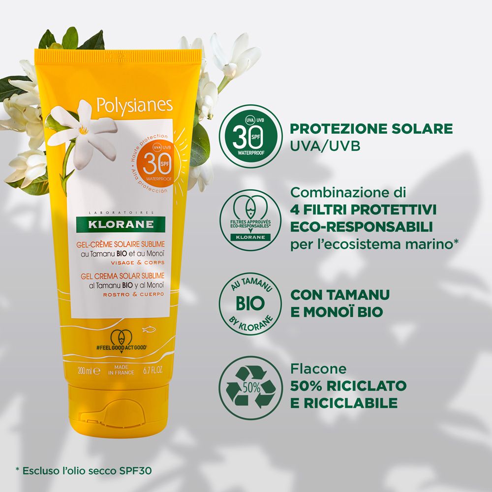 Gelbe Tube mit Sonnenschutz. Aufschrift: Klorane, LSF 30. Illustrationen: Bio, recycelbar, UVA/UVB.