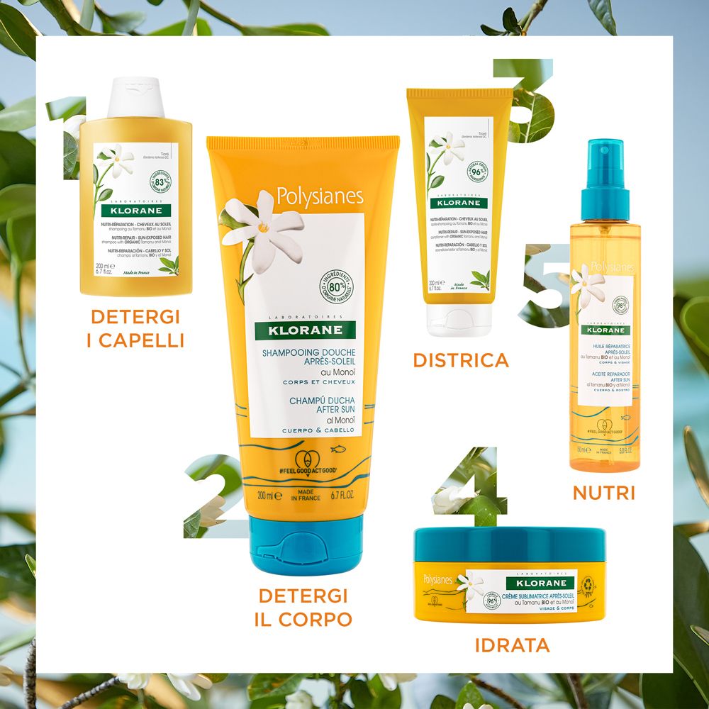 Verschiedene Klorane-Produkte. Shampoo, Duschgel, Creme, Öl. Aufschrift: Après-soleil. 98% natürliche Inhaltsstoffe.