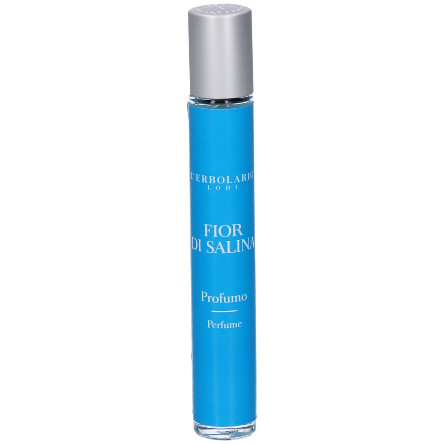 Blauer Flakon mit silbernem Verschluss, beschriftet mit 'FIOR DI SALINA Profumo Perfume'.