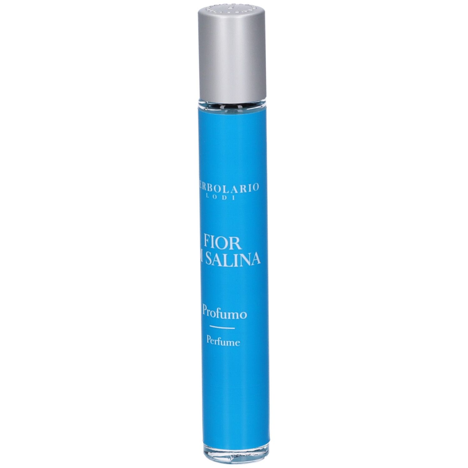 Blaue Parfümflasche mit silbernem Verschluss. Beschriftung: 'FIOR SALINA Profumo Perfume'.