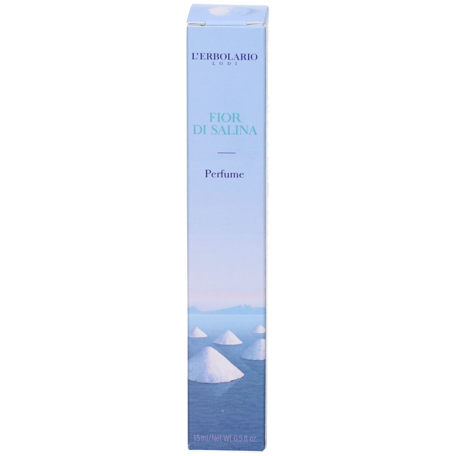 L'Erbolario Fior di Salina Parfum in einer schmalen, hellblauen Schachtel mit Salzpyramiden-Motiv.