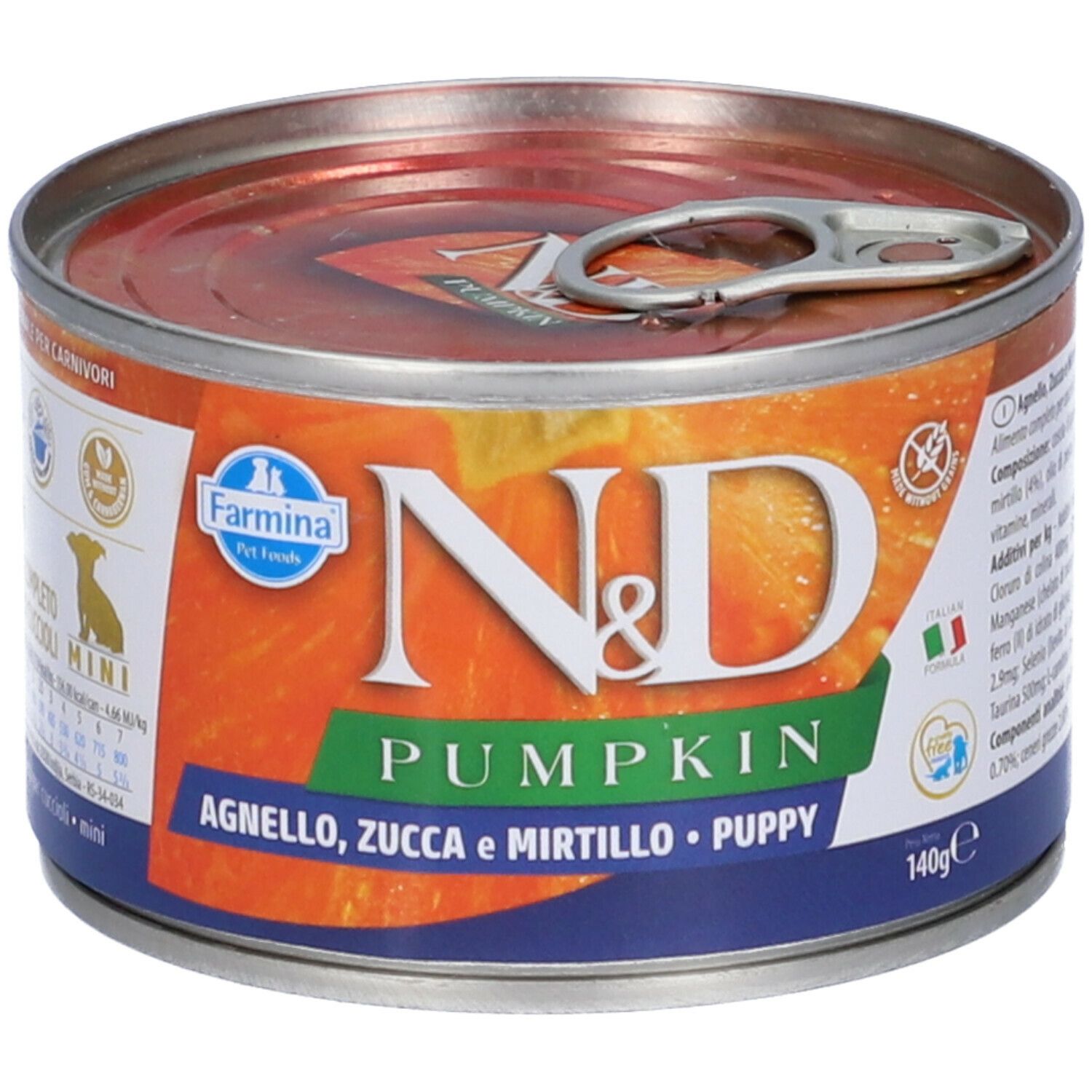 Farmina N&D Pumpkin Mini Hundewelpen Dose. Orange-farbenes Etikett mit Produktnamen und Zutaten. 140g.