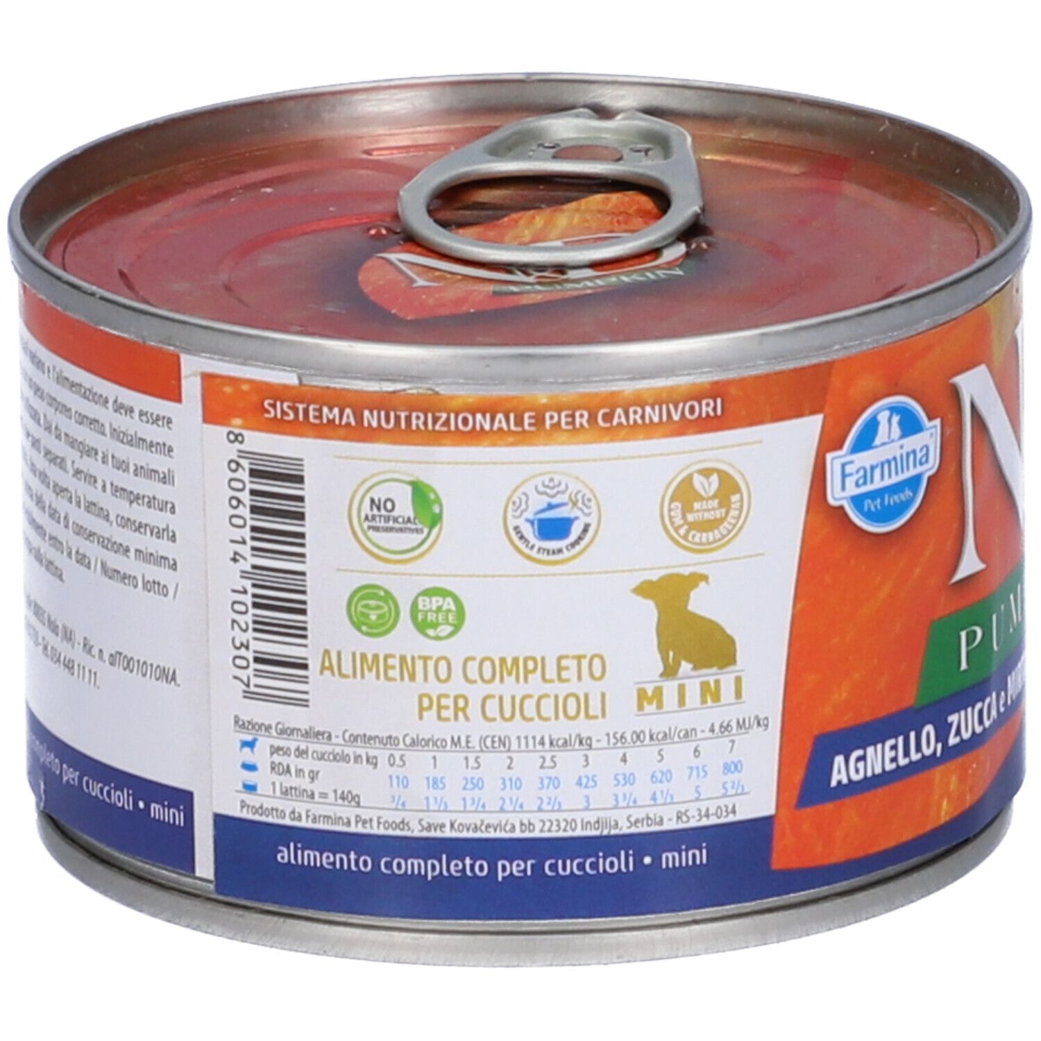 Rückseite der Farmina N&D Pumpkin Mini Hundewelpen Dose. Text mit Nährwertangaben und Inhaltsstoffen. BPA-frei.