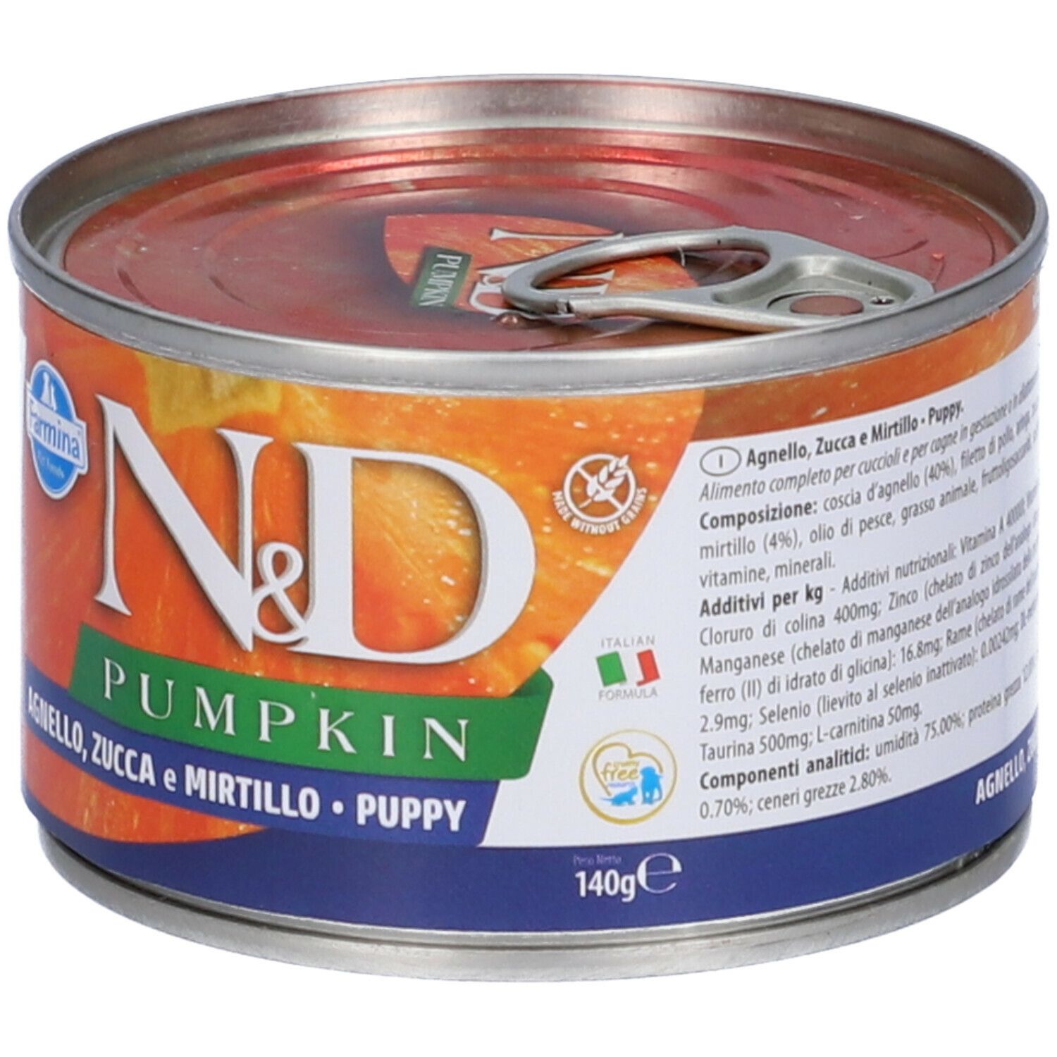 Farmina N&D Pumpkin Mini Hundewelpen Dose. Orange-farbenes Etikett mit Produktnamen und Zutaten. 140g.