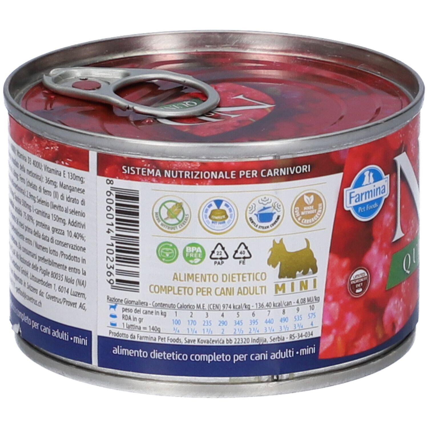 Runde Dose mit rotem Inhalt. Aufschrift: N&D Quinoa Digestion. Rückseite mit Nährwertangaben und Logo. 140g.