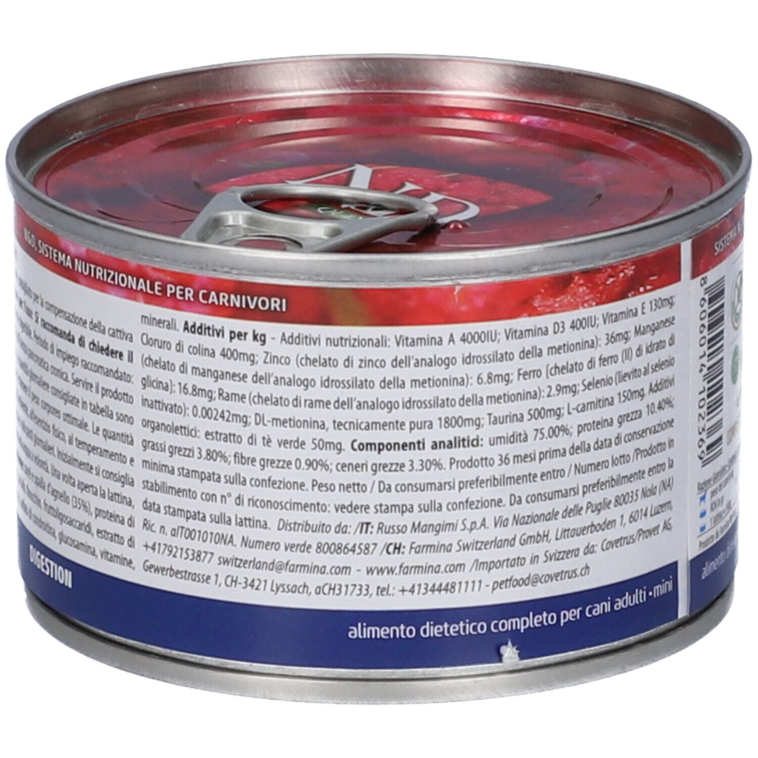 Runde Dose mit rotem Inhalt. Rückseite mit Nährwertangaben und Inhaltsstoffen. Text: Sistema Nutrizionale per Carnivori.