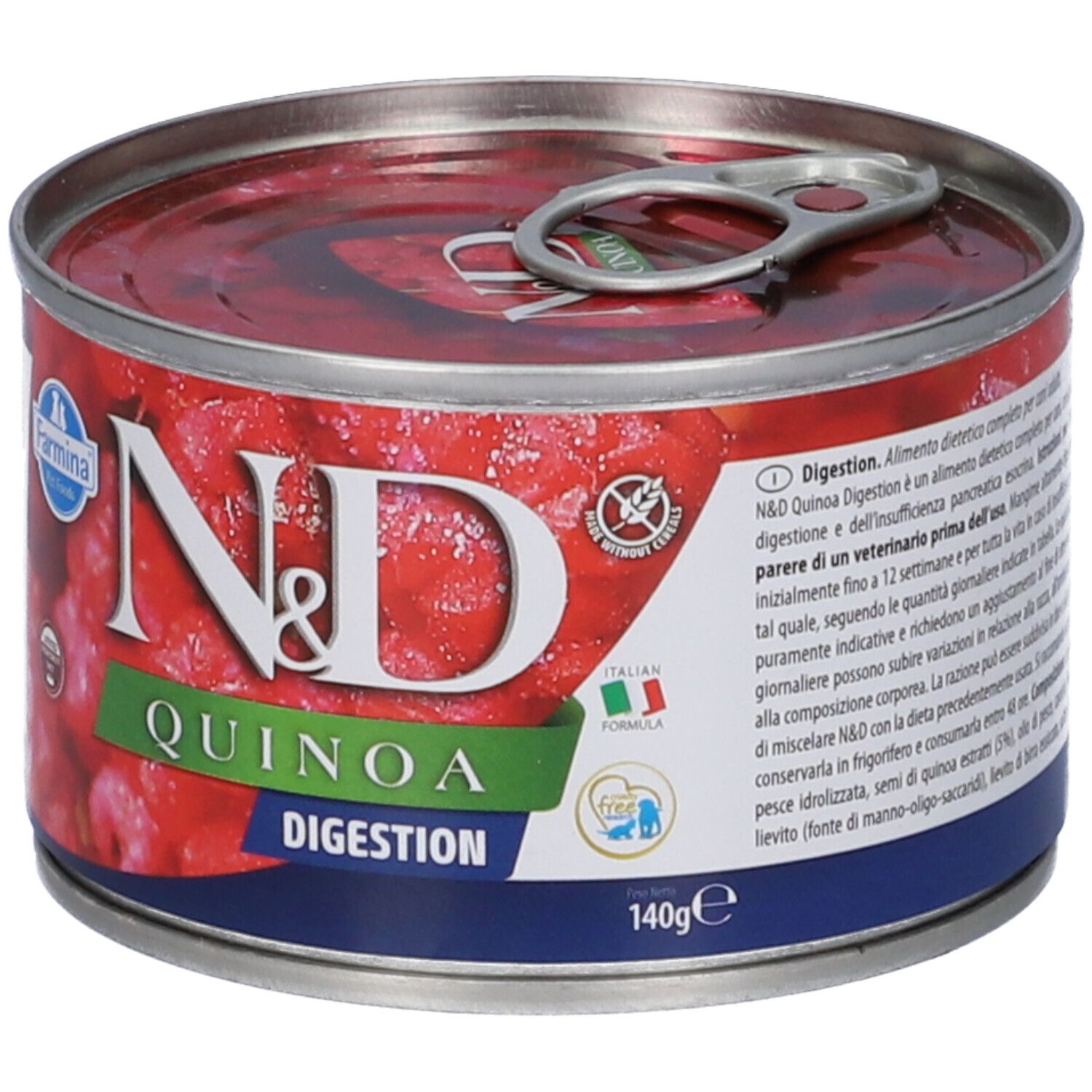 Runde Dose mit rotem Inhalt. Aufschrift: N&D Quinoa Digestion. Logo: Farmina. Italienische Formel. 140g. Text.
