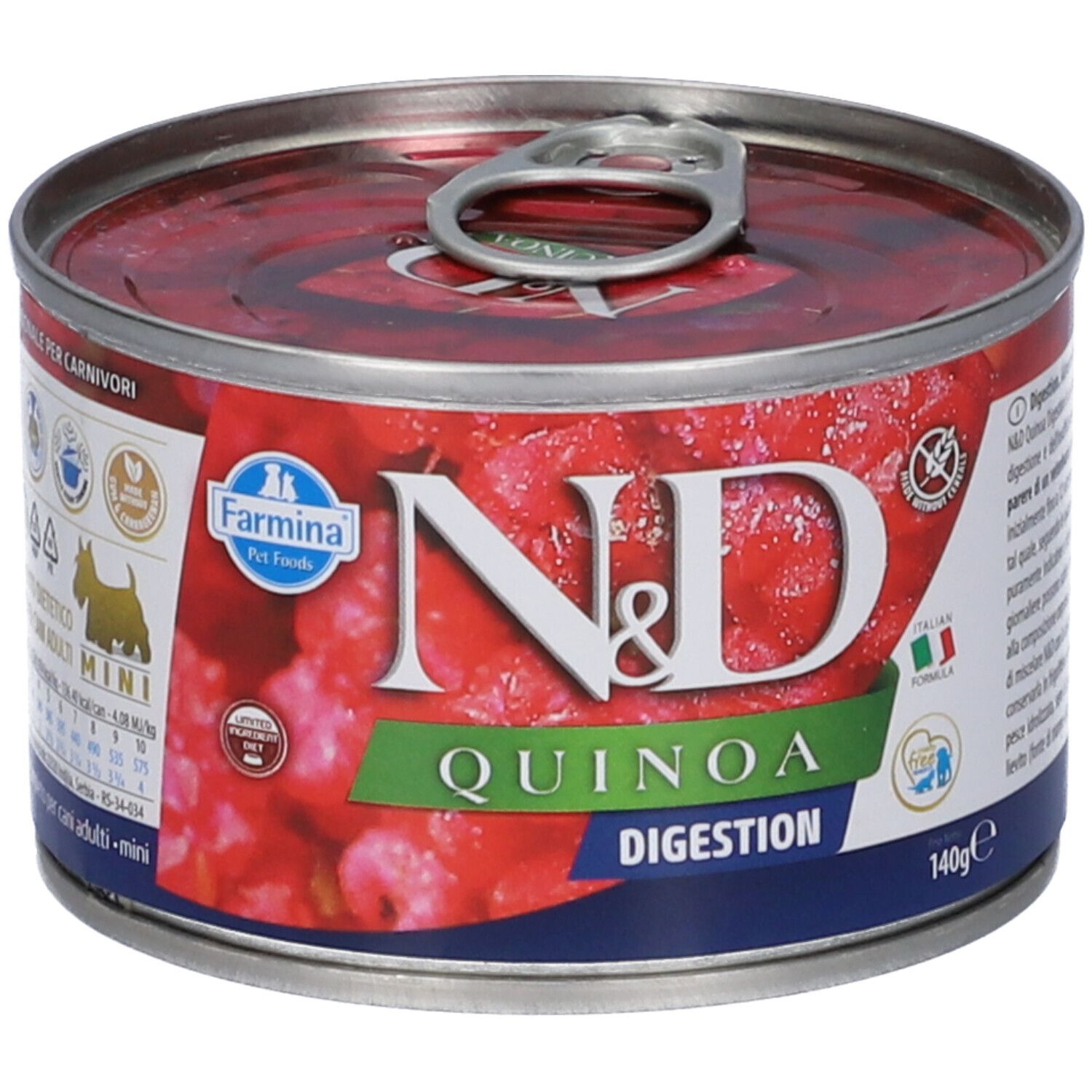 Runde Dose mit rotem Inhalt. Aufschrift: N&D Quinoa Digestion. Text und Logo. 140g. Rückseite mit Text.