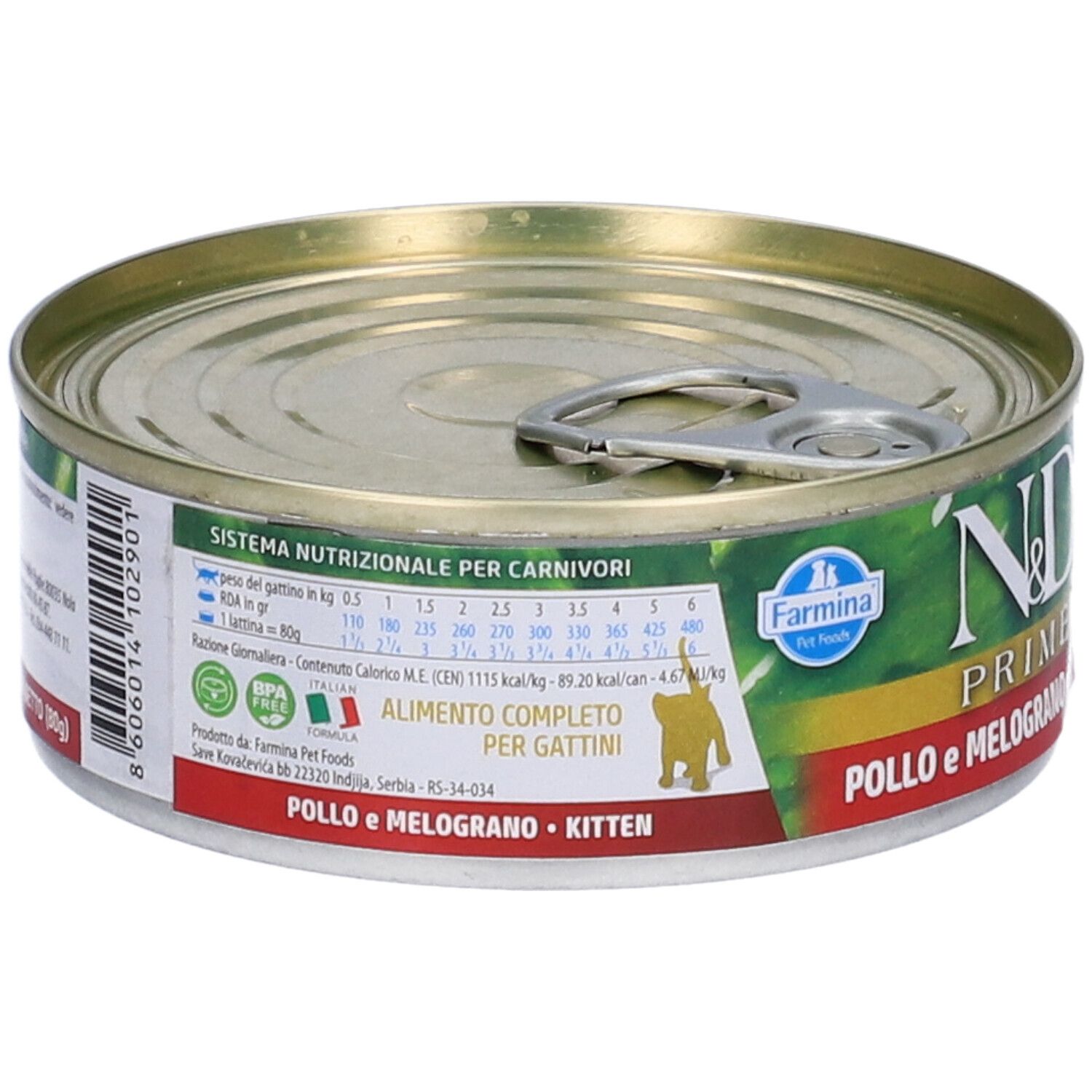 Dose mit grünem Etikett. Aufschrift: N&D Prime, Pollo e Melograno, Kitten. Enthält Nährwerttabelle und Herstellerinformationen.