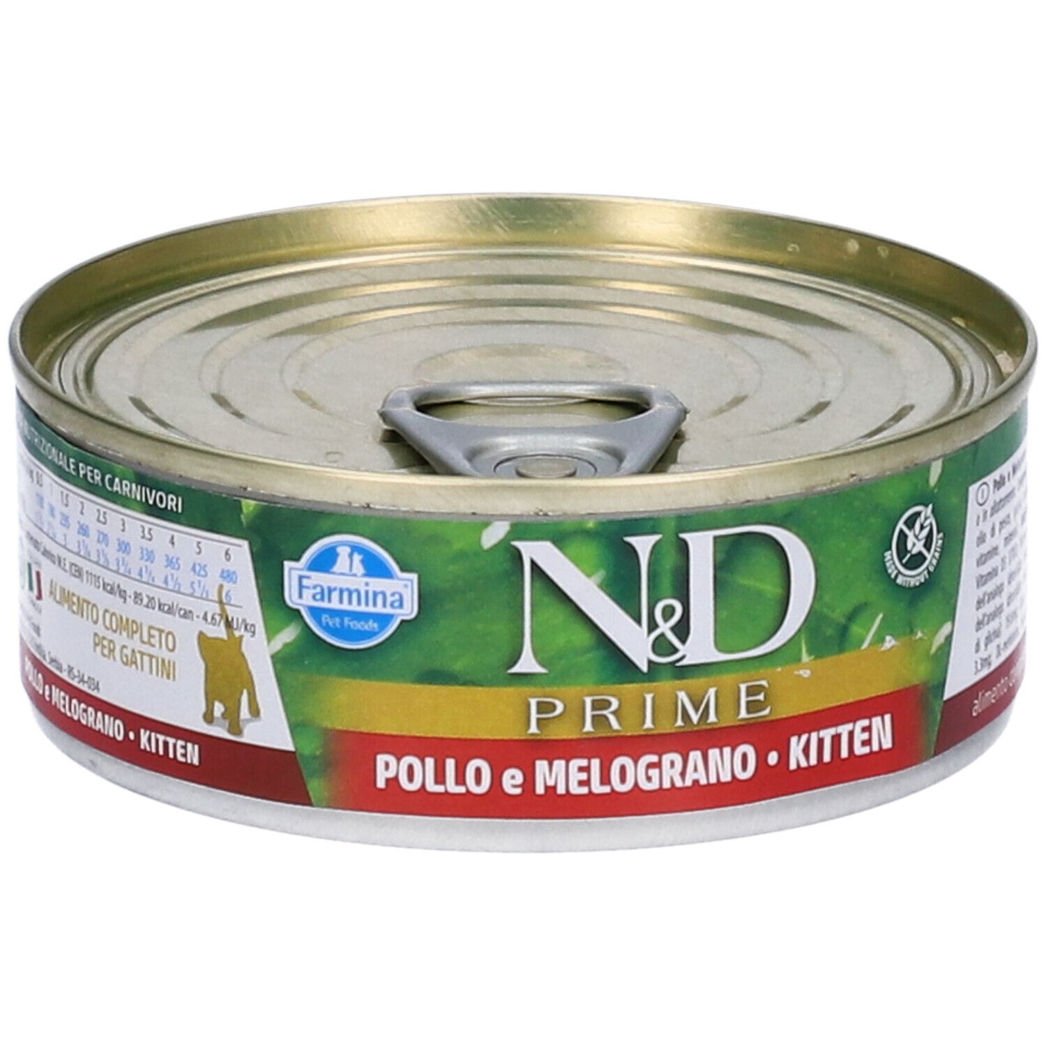Dose mit grünem Etikett. Aufschrift: N&D Prime, Pollo e Melograno, Kitten. Mit Farmina-Logo und Nährwertangaben.