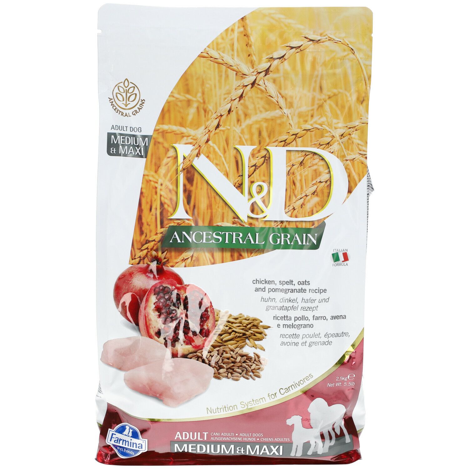 Verpackung Trockenfutter. N&D Ancestral Grain. Abbildung von Granatapfel, Getreide und Hühnchen. Text: Adult Medium Maxi.