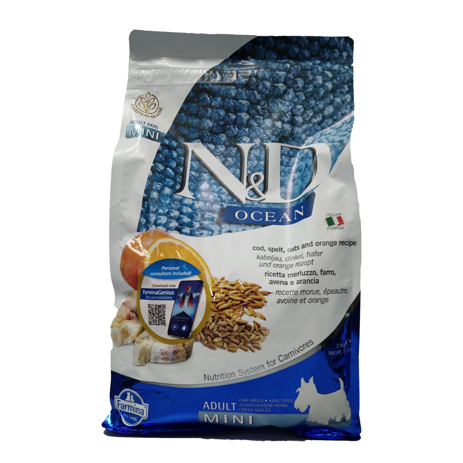 Verpackung Trockenfutter Hund N&D Ocean, Mini, mit Text und Abbildungen von Zutaten. Logo und Produktname sichtbar.