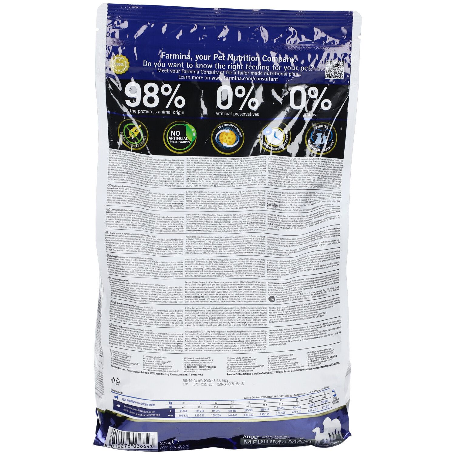 Rückseite des Trockenfutterbeutels. Text und Logos. Prozentangaben: 98%, 0%, 0%. Text: Adult Medium & Maxi.