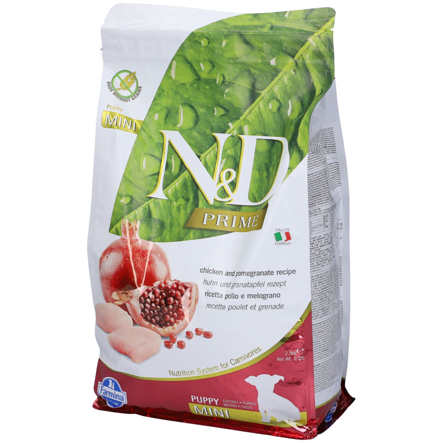 Verpackung Trockenfutter. N&D Prime, Huhn & Granatapfel. Abbildung von Granatapfel, Hühnerfleisch. Text: Puppy Mini.