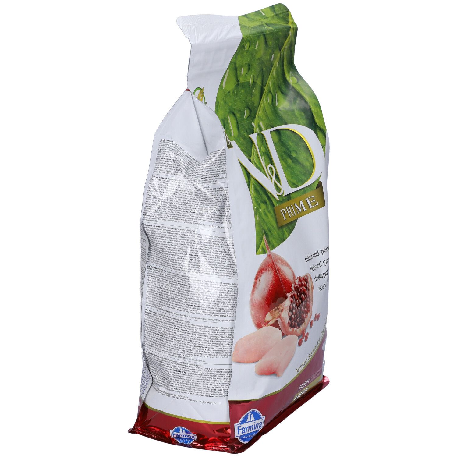 Trockenfutter-Verpackung, N&D Prime. Seitenansicht. Abbildung von Granatapfel, Hühnerfleisch. Text: Huhn & Granatapfel Rezept.