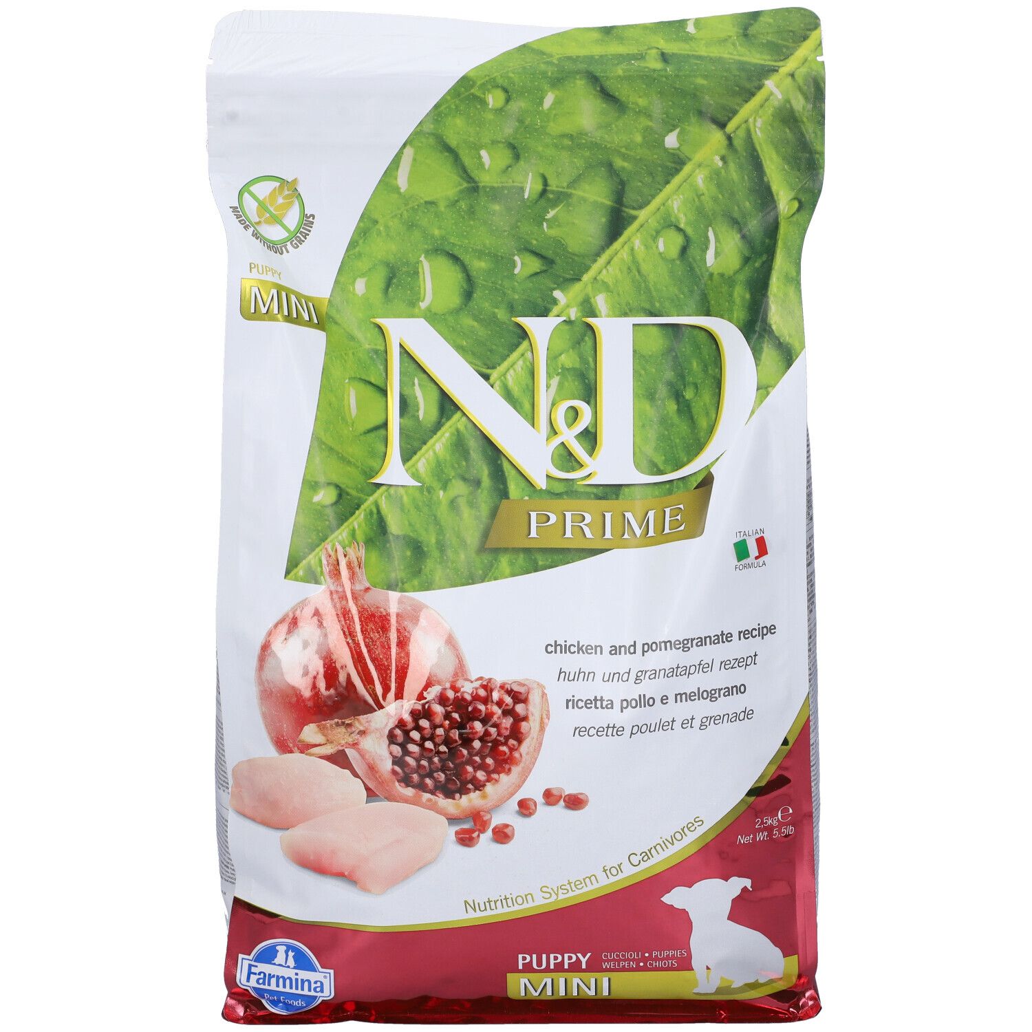 Trockenfutter-Verpackung. N&D Prime, Huhn & Granatapfel. Abbildung von Granatapfel, Hühnerfleisch. Text: Puppy Mini.