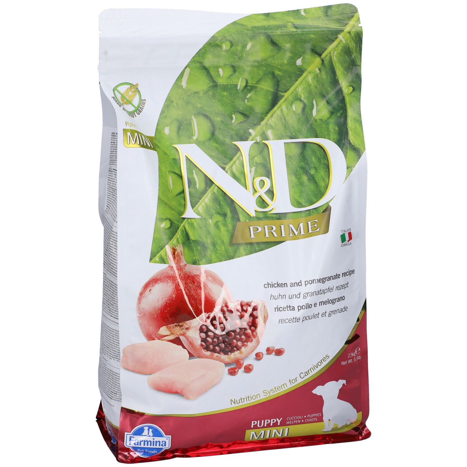 Trockenfutter-Verpackung. N&D Prime, Huhn & Granatapfel. Abbildung von Granatapfel, Hühnerfleisch. Text: Puppy Mini.