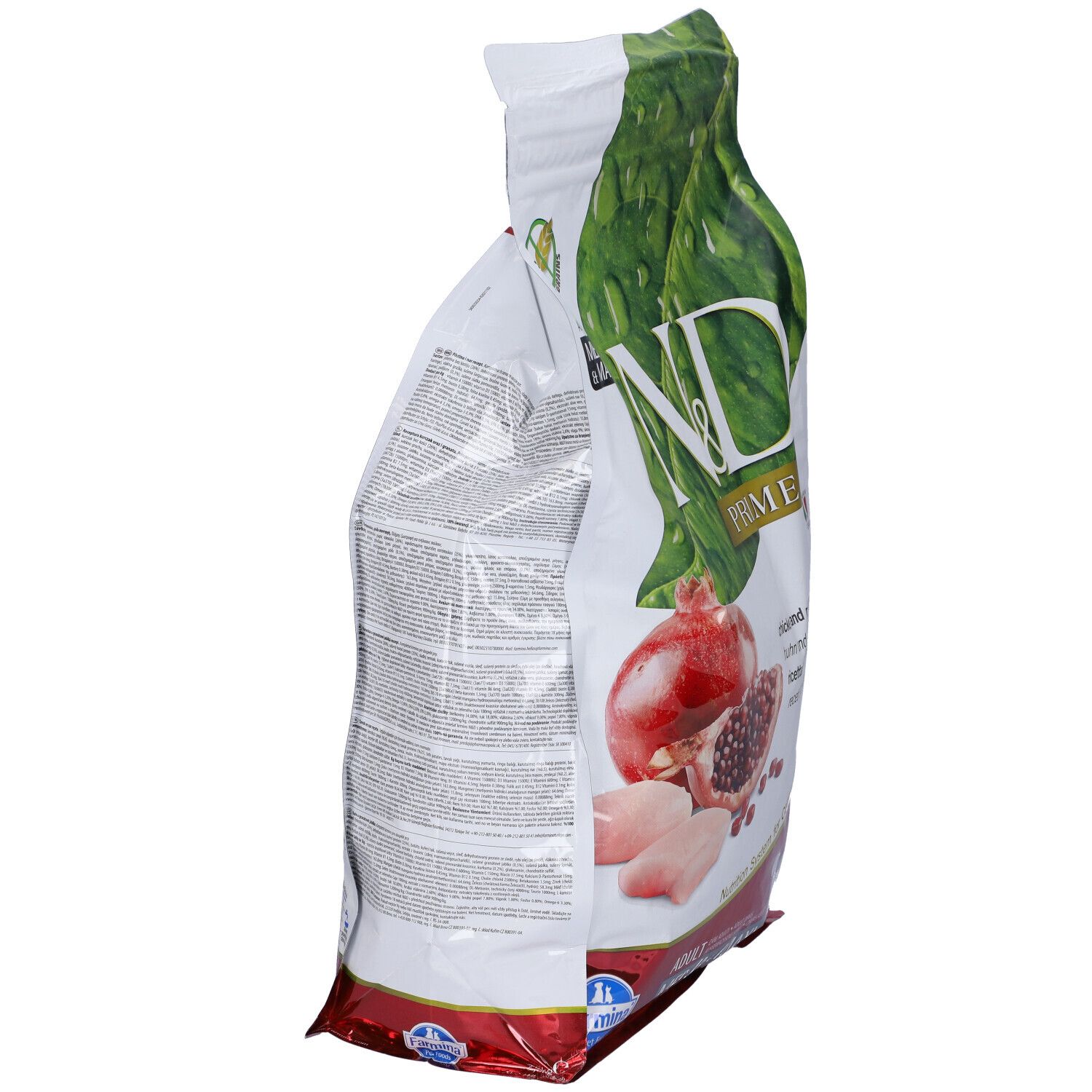 Seitenansicht des Hundefutterbeutels N&D Prime. Abbildung von Granatapfel und Hühnerfleisch. Text auf der Verpackung.