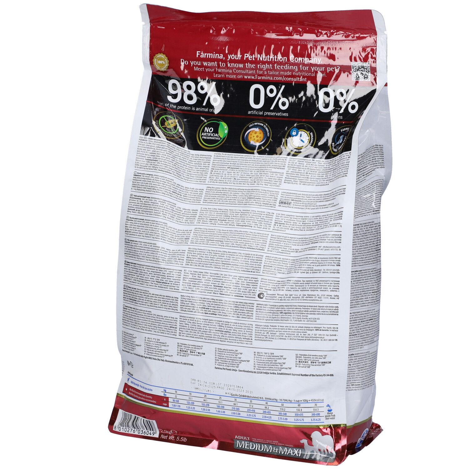 Rückseite des Hundefutterbeutels N&D Prime. Textinformationen, Logos und Nährwertangaben. Roter Hintergrund.