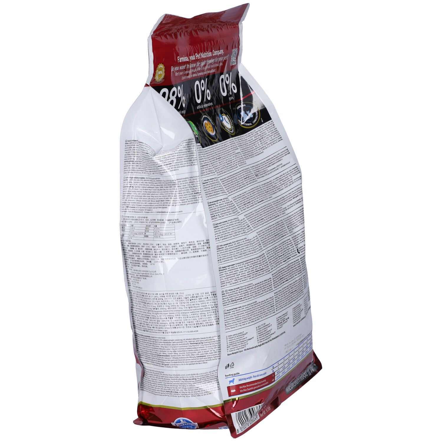 Schräge Rückansicht des Hundefutterbeutels N&D Prime. Text und Logos auf rotem Hintergrund.