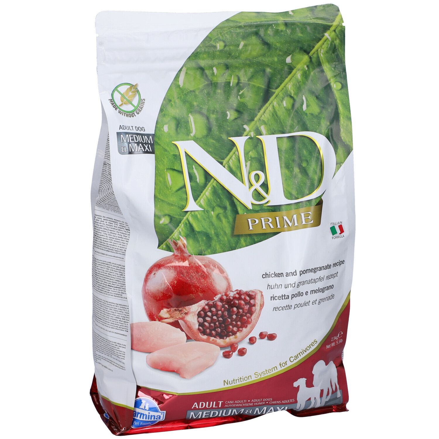 Hundefutterbeutel N&D Prime, Huhn & Granatapfel. Abbildung von Granatapfel, Hühnerfleisch. Italienische Flagge.