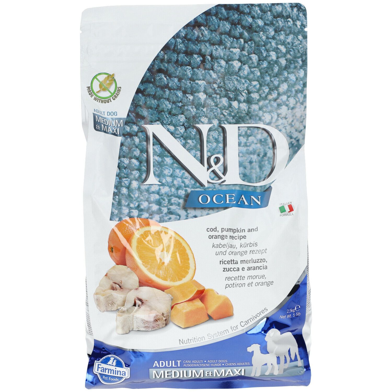 Beutel Trockenfutter. Aufdruck: N&D Ocean, Adult Medium Maxi. Abbildung: Fisch, Orange, Kürbis. Text: cod, pumpkin and orange recipe.
