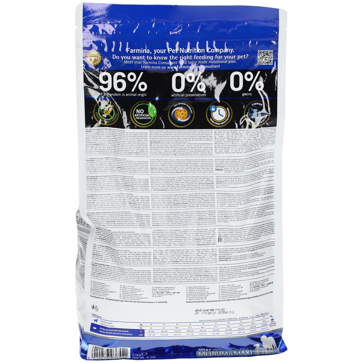 Rückseite der Trockenfutter-Verpackung. Text: 96% tierischen Ursprungs, 0% künstliche Konservierungsstoffe, 0% Getreide. Text und QR-Code.