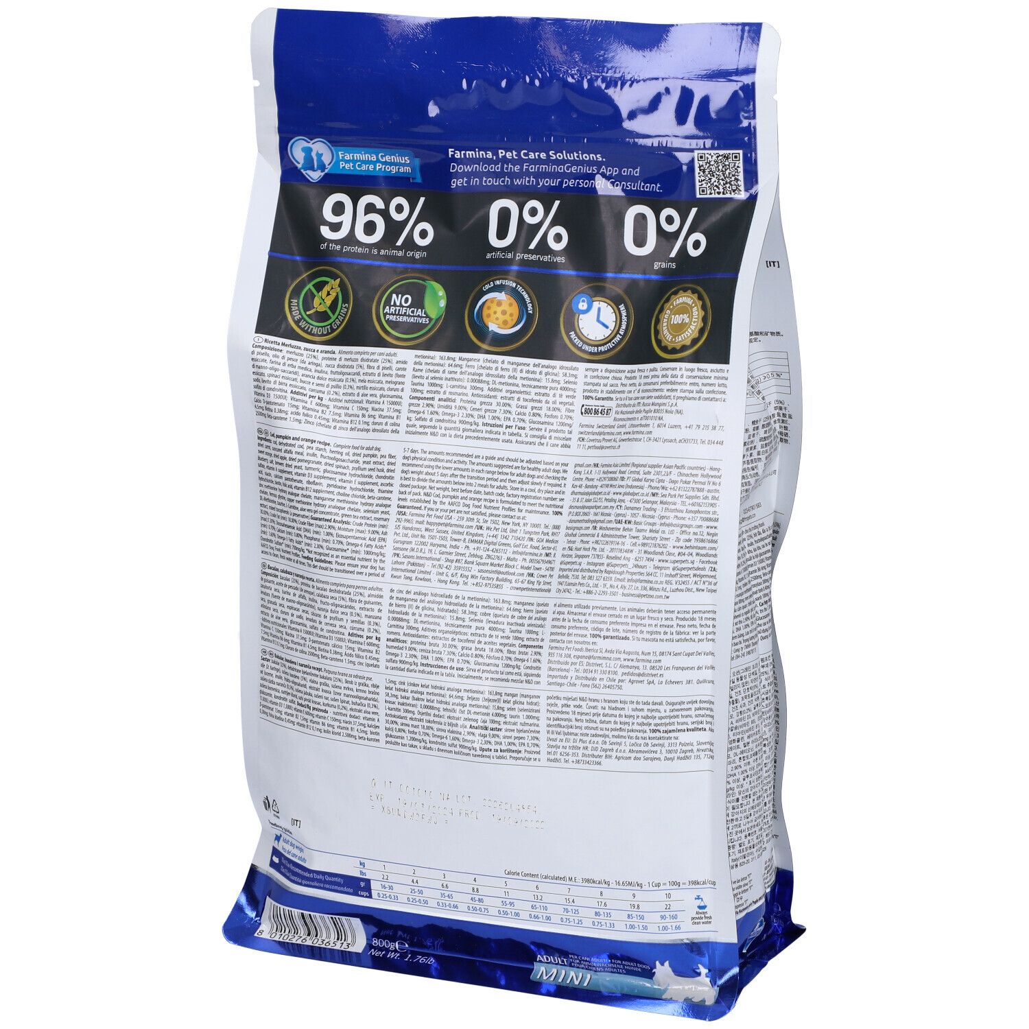 Rückseite der Trockenfutter-Verpackung. Textinformationen, Logos und QR-Code. Enthält 96% tierischen Ursprungs.