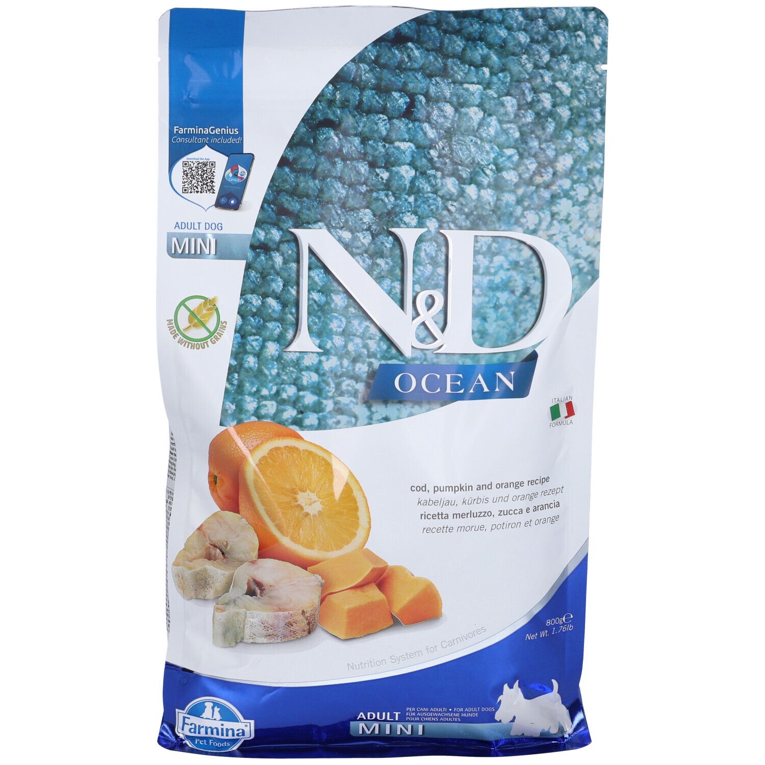 Trockenfutter-Verpackung. Marke N&D Ocean, Mini Adult. Abbildung von Kabeljau, Kürbis und Orange. Italienische Flagge.