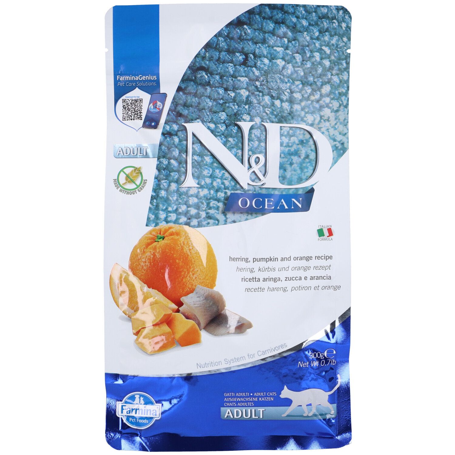Trockenfutterverpackung für Katzen. Abgebildet sind Orange, Kürbis und Fisch. Text: N&D Ocean, Adult, Farmina.