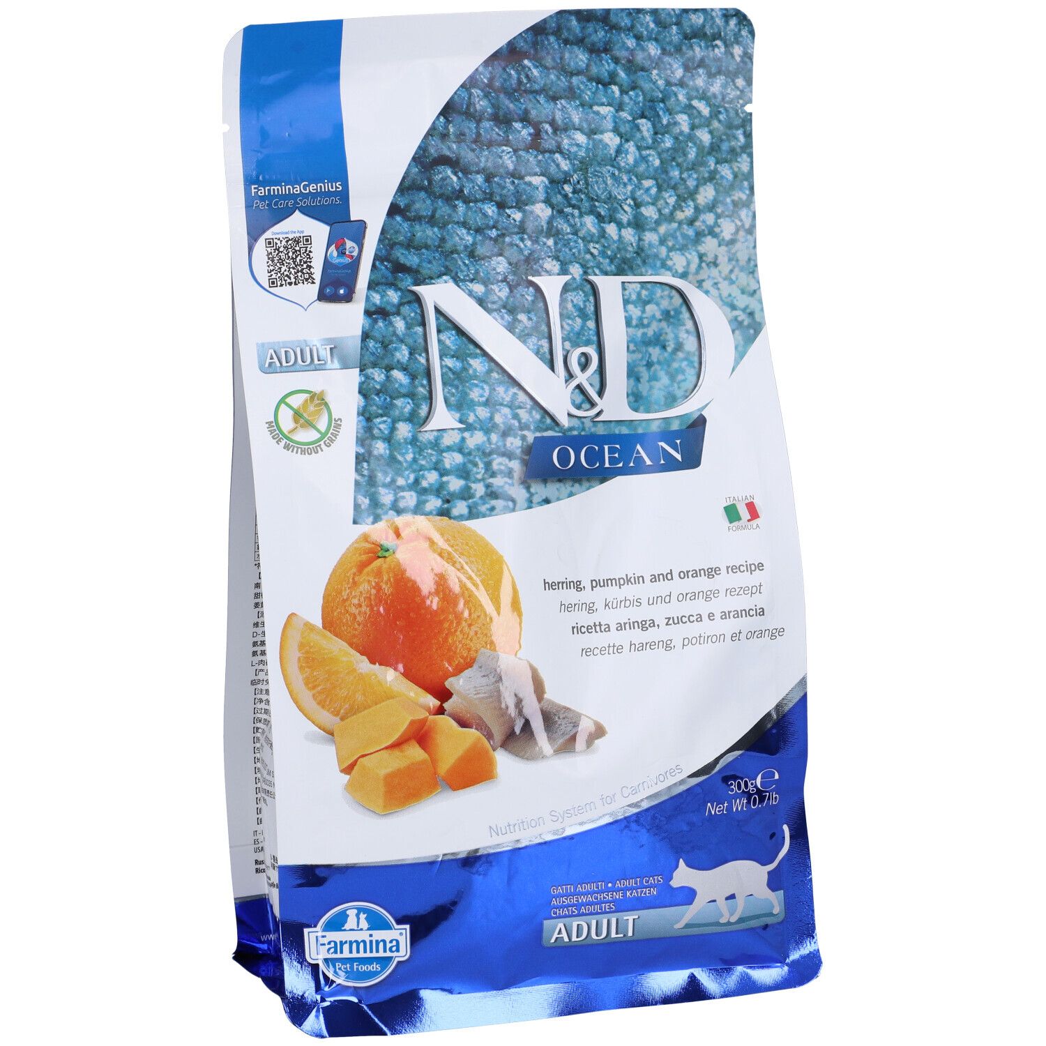 Trockenfutterverpackung für Katzen. Abgebildet sind Orange, Kürbis und Fisch. Text: N&D Ocean, Adult, Farmina.