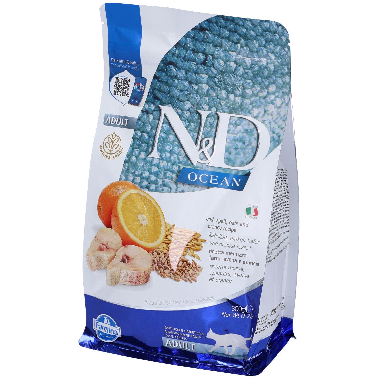 Verpackung Trockenfutter. Aufdruck: N&D Ocean, Zutatenabbildung: Kabeljau, Orange, Dinkel, Hafer. Text: Adult, 300g.