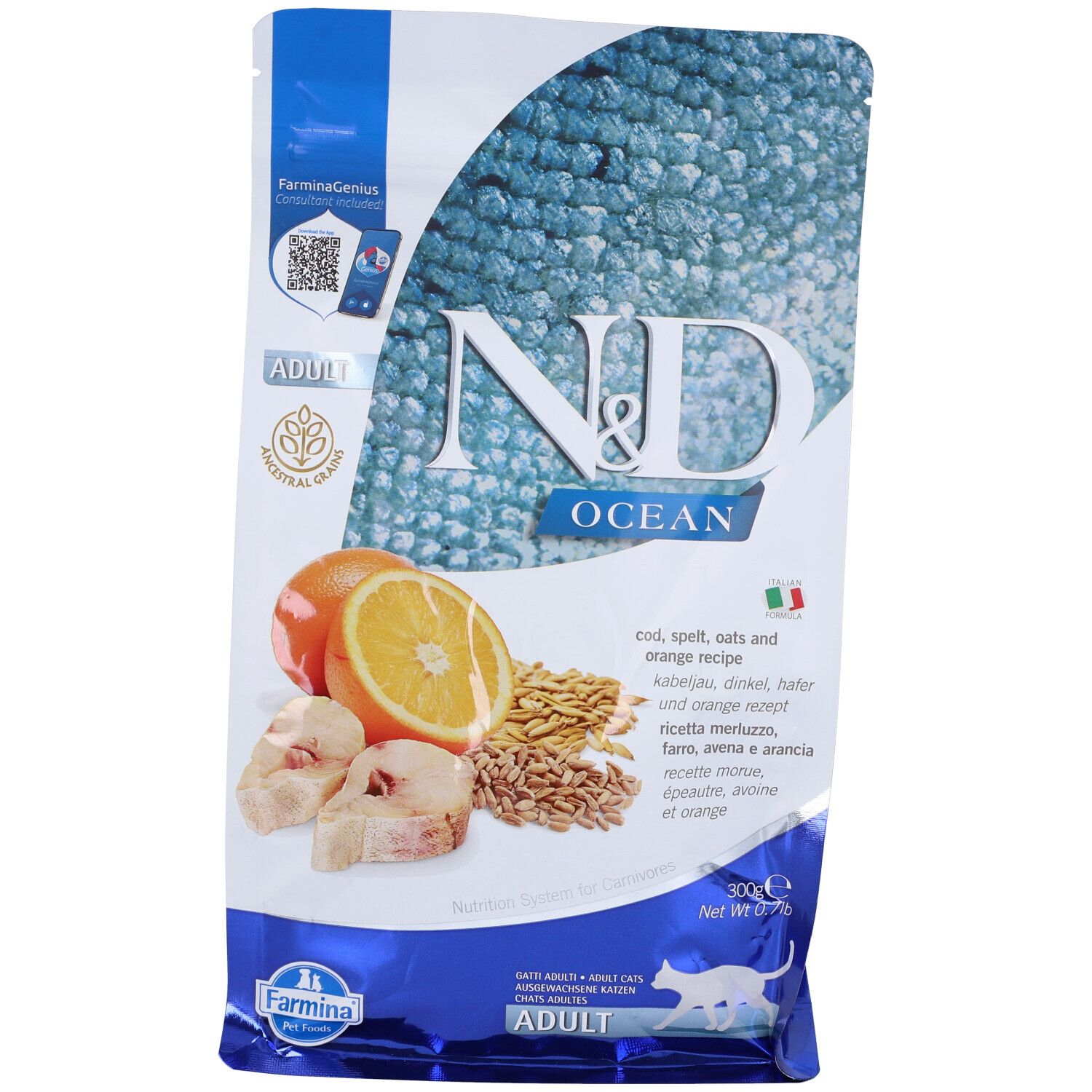 Trockenfutterverpackung. Aufdruck: N&D Ocean, Zutatenabbildung: Kabeljau, Orange, Dinkel, Hafer. Text: Adult, 300g.