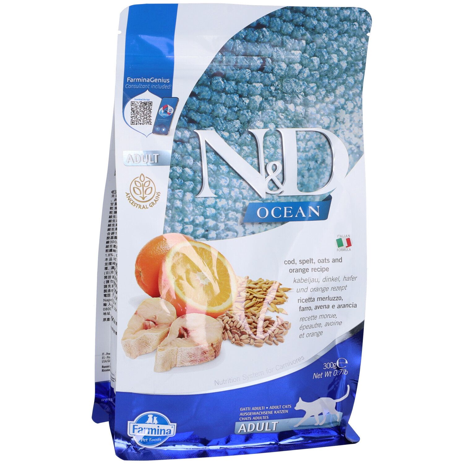 Trockenfutterverpackung. Aufdruck: N&D Ocean, Zutatenabbildung: Kabeljau, Orange, Dinkel, Hafer. Text: Adult, 300g.