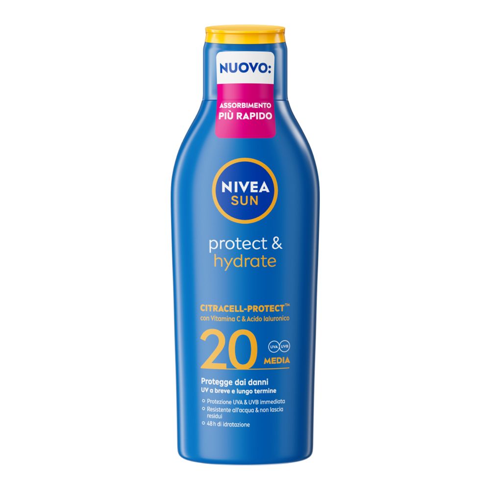 Nivea SUN Protect & Hydrate Sonnencreme LSF 20 in blauer Flasche mit gelbem Verschluss.