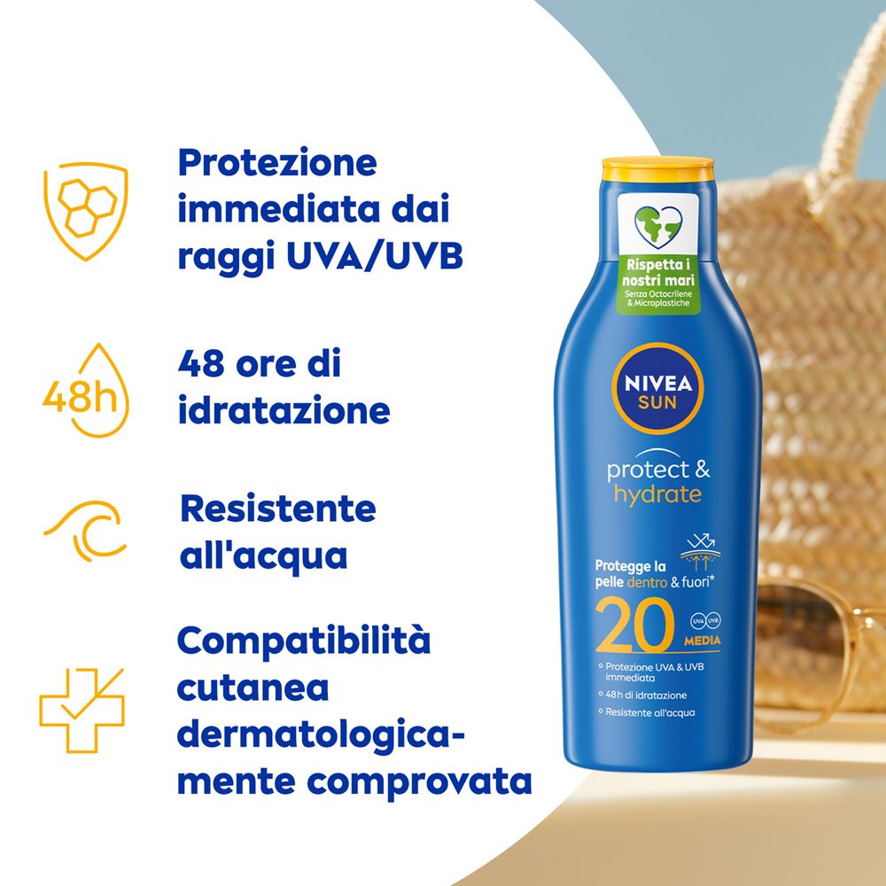Nivea SUN Protect & Hydrate LSF 20 Flasche neben Strandtasche und Sonnenbrille.
