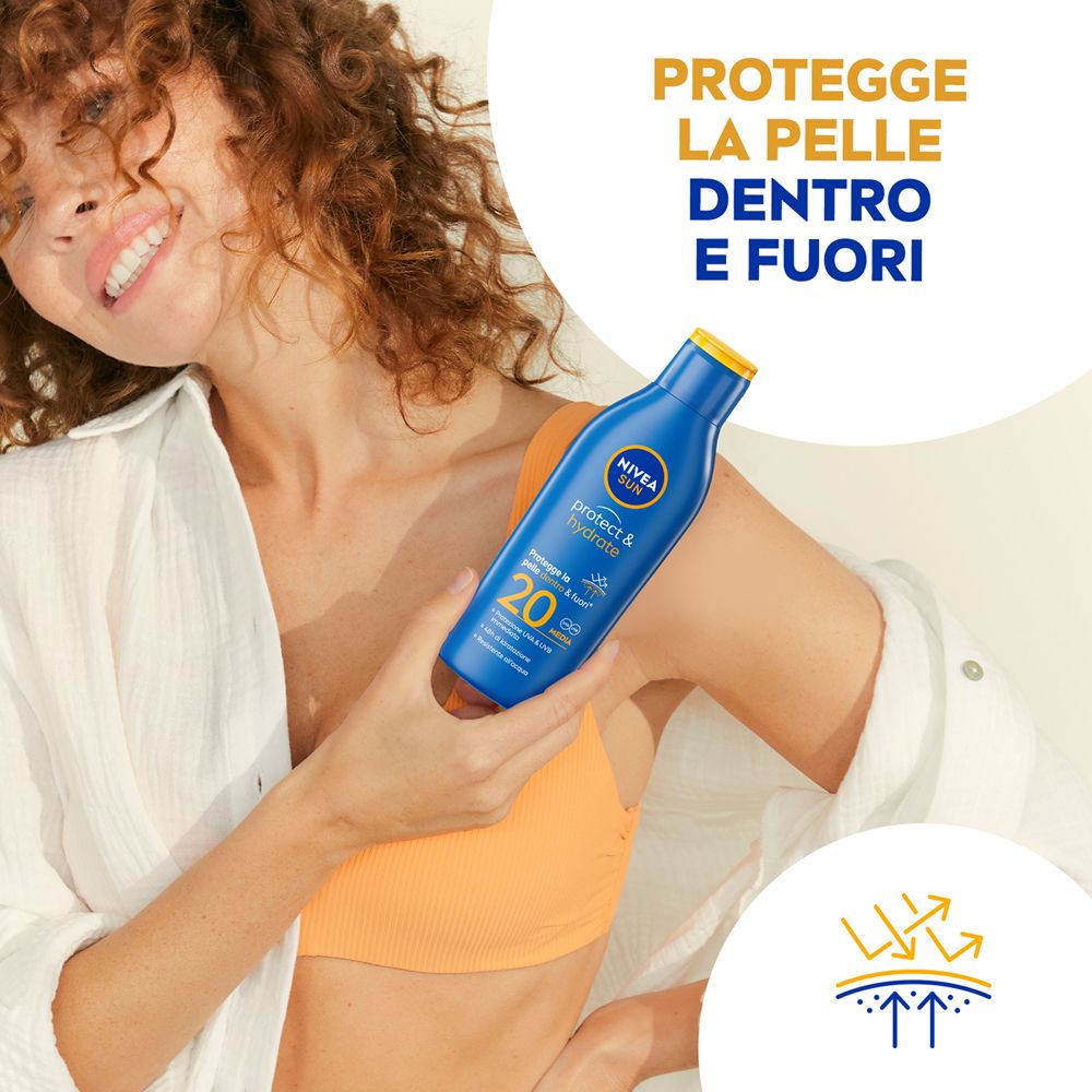 Frau hält Nivea SUN Protect & Hydrate Sonnencreme LSF 20.