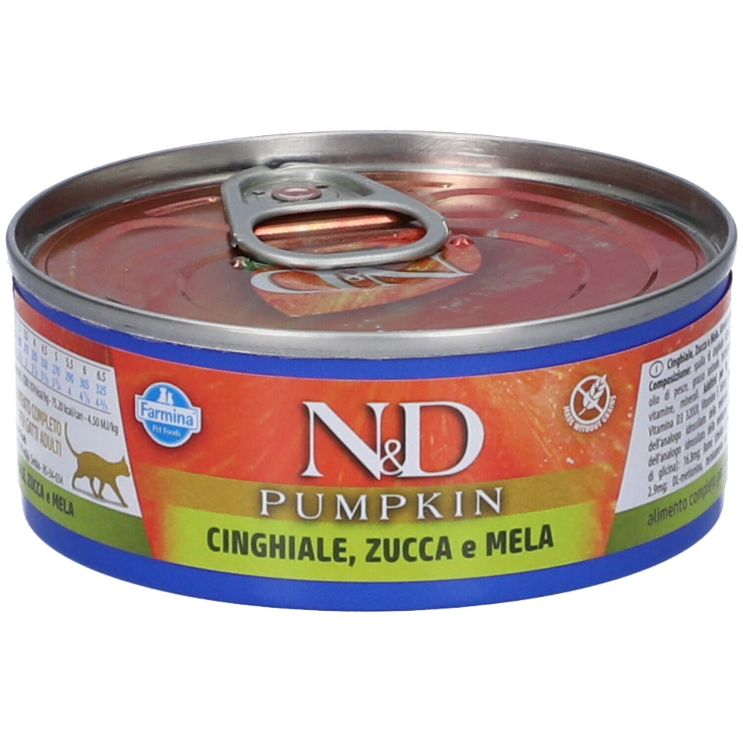 Dose Katzenfutter mit Deckel. Aufschrift: N&D Pumpkin, Cinghiale, Zucca e Mela. Blaue und orangefarbene Etiketten.