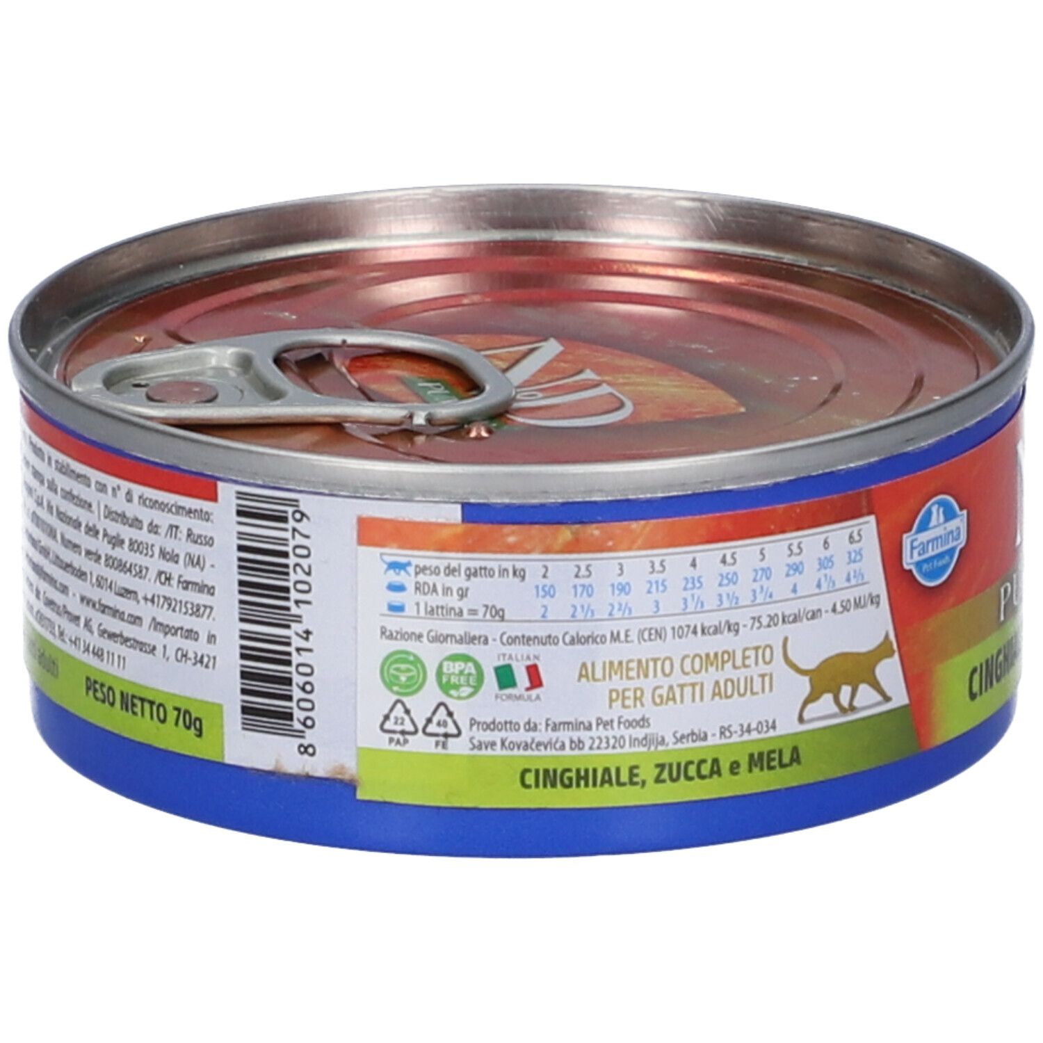 Dose Katzenfutter mit Deckel. Aufschrift: N&D Pumpkin, Cinghiale, Zucca e Mela. Etiketten mit Nährwertangaben und Text.