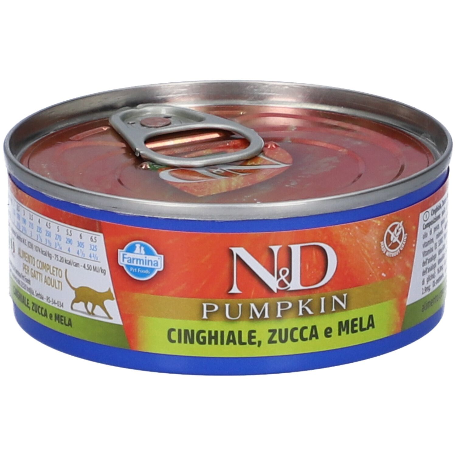Dose Katzenfutter mit Deckel. Aufschrift: N&D Pumpkin, Cinghiale, Zucca e Mela. Blaue und orangefarbene Etiketten.