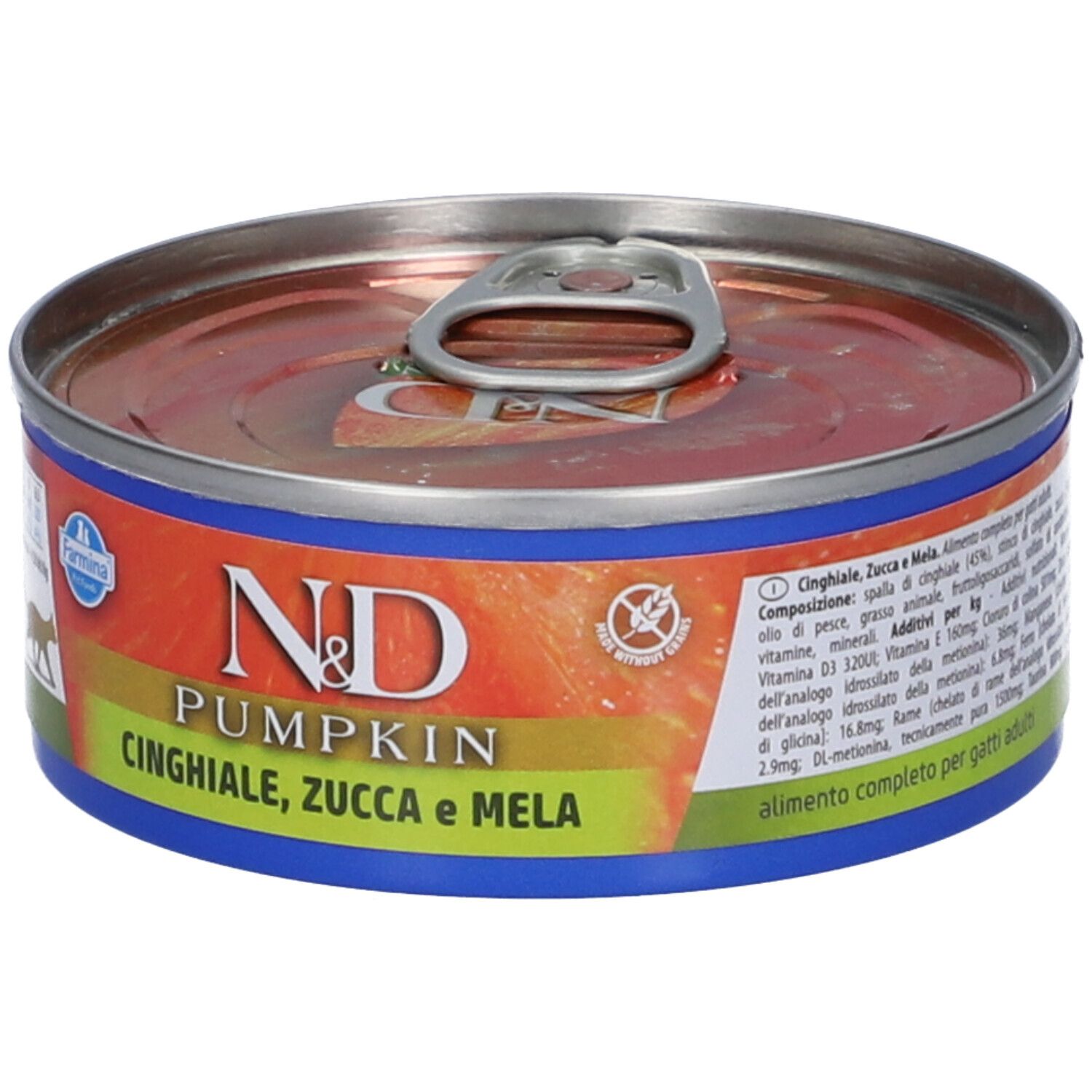 Dose Katzenfutter mit Deckel. Aufschrift: N&D Pumpkin, Cinghiale, Zucca e Mela. Blaue und orangefarbene Etiketten.