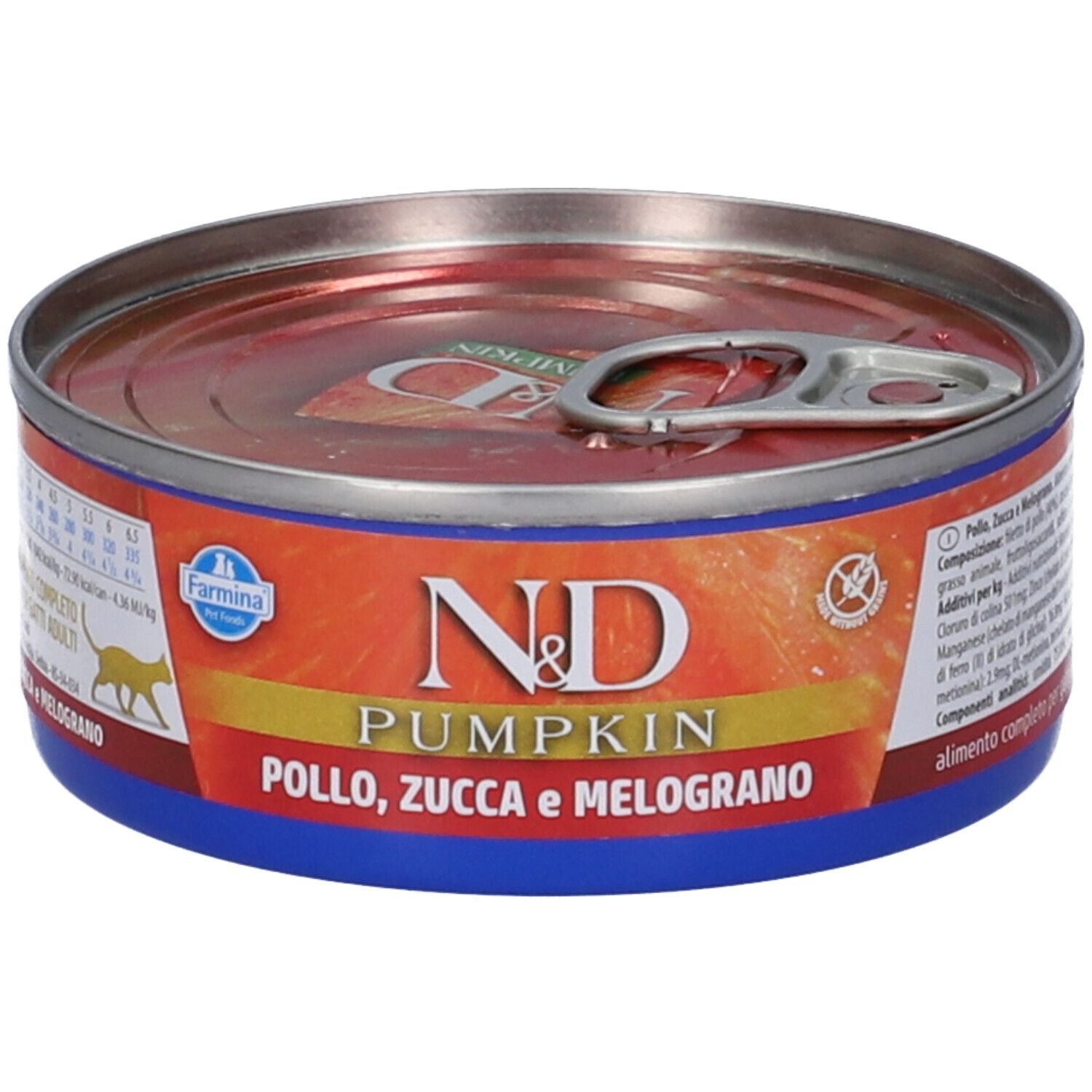 Runde Tiernahrungskonserve mit Aufdruck. Orangefarbener Hintergrund, blaue und rote Elemente. Schriftzug: N&D Pumpkin, Pollo, Zucca e Melograno.