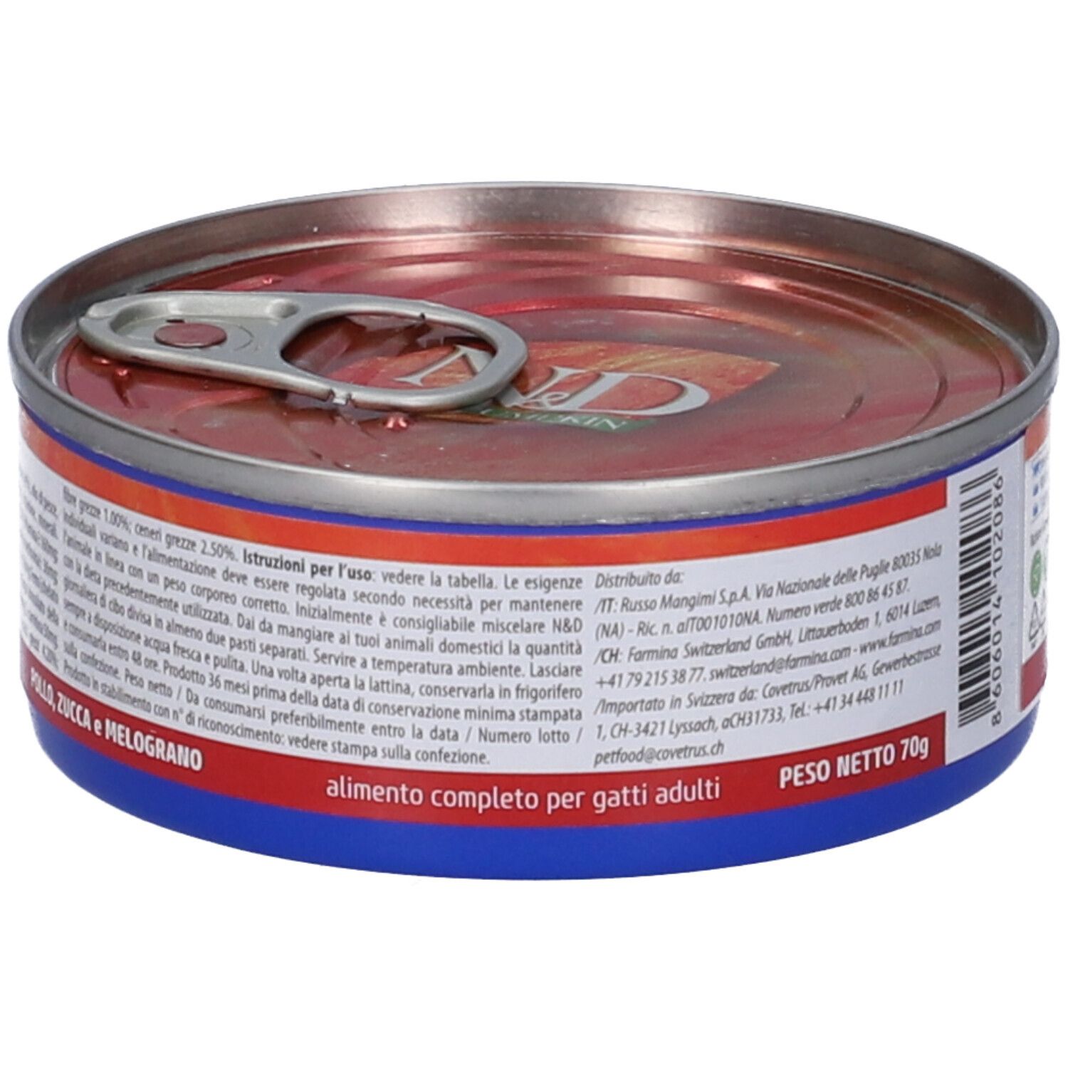 Runde Tiernahrungskonserve. Blaue und rote Elemente. Text: Pollo, Zucca e Melograno. Enthält Text und Logos. Ansicht von oben.