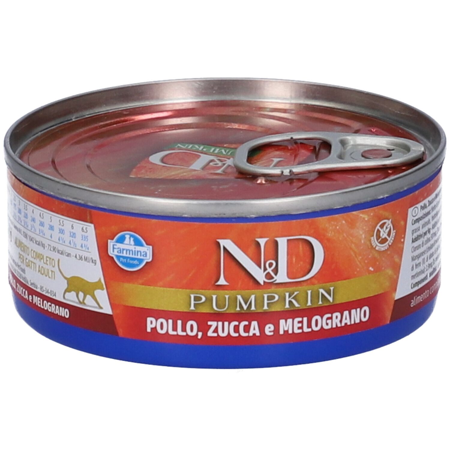Runde Tiernahrungskonserve mit Aufdruck. Orangefarbener Hintergrund, blaue und rote Elemente. Schriftzug: N&D Pumpkin, Pollo, Zucca e Melograno.