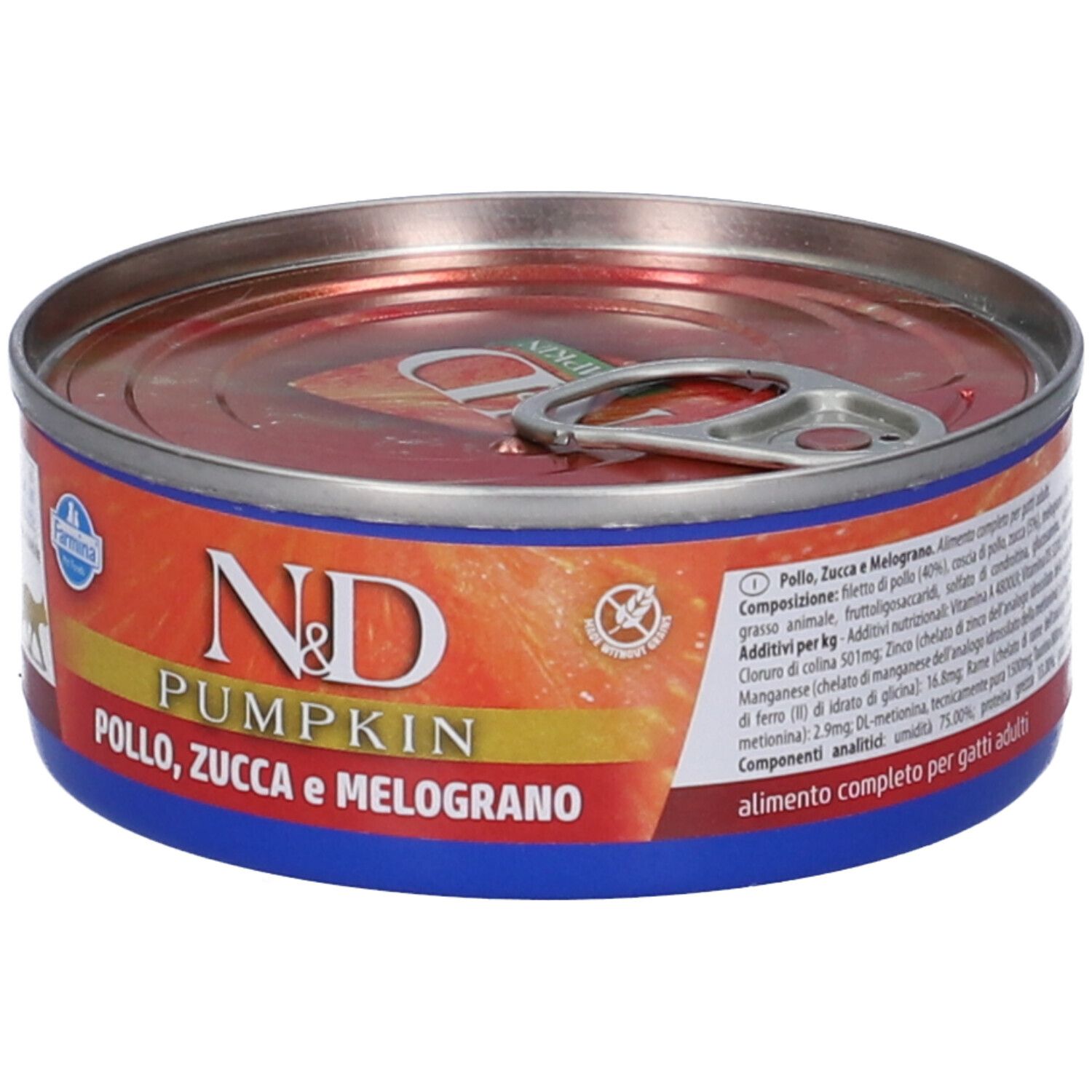 Runde Tiernahrungskonserve mit Aufdruck. Orangefarbener Hintergrund, blaue und rote Elemente. Schriftzug: N&D Pumpkin, Pollo, Zucca e Melograno.