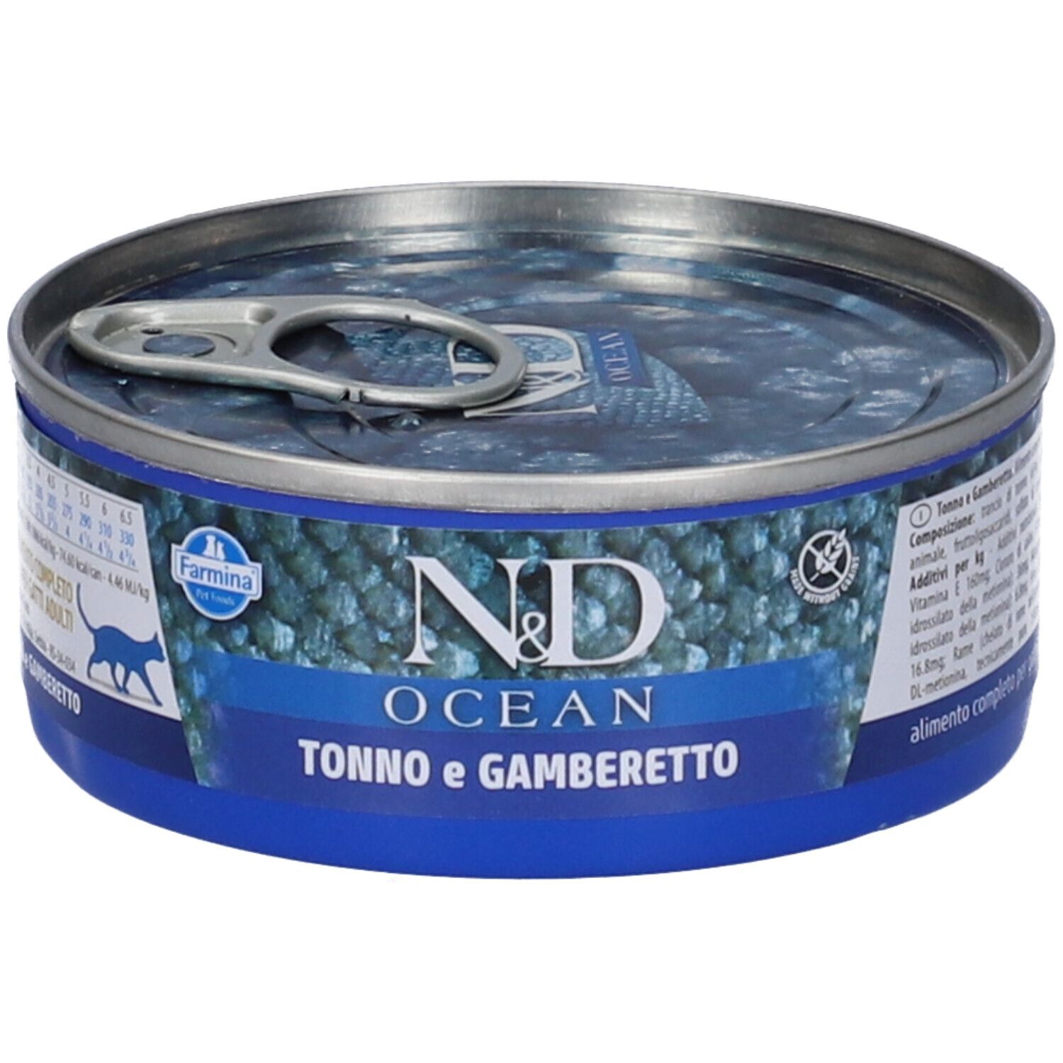 Runde Dose Nassfutter. Blaue Banderole mit Text und Logo. "N&D OCEAN Tonno e Gamberetto" steht auf der Dose. Farmina Logo.