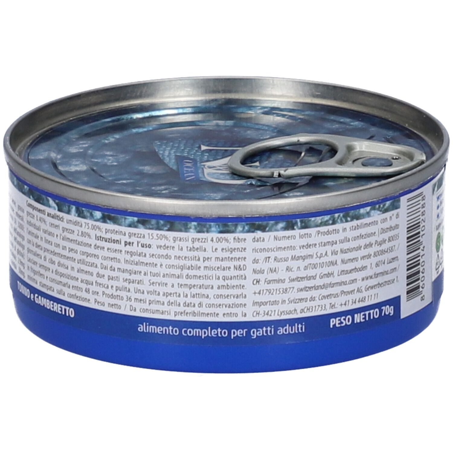 Runde Dose Nassfutter. Blaue Banderole mit Text und Logo. "N&D OCEAN Tonno e Gamberetto" steht auf der Dose. Farmina Logo.