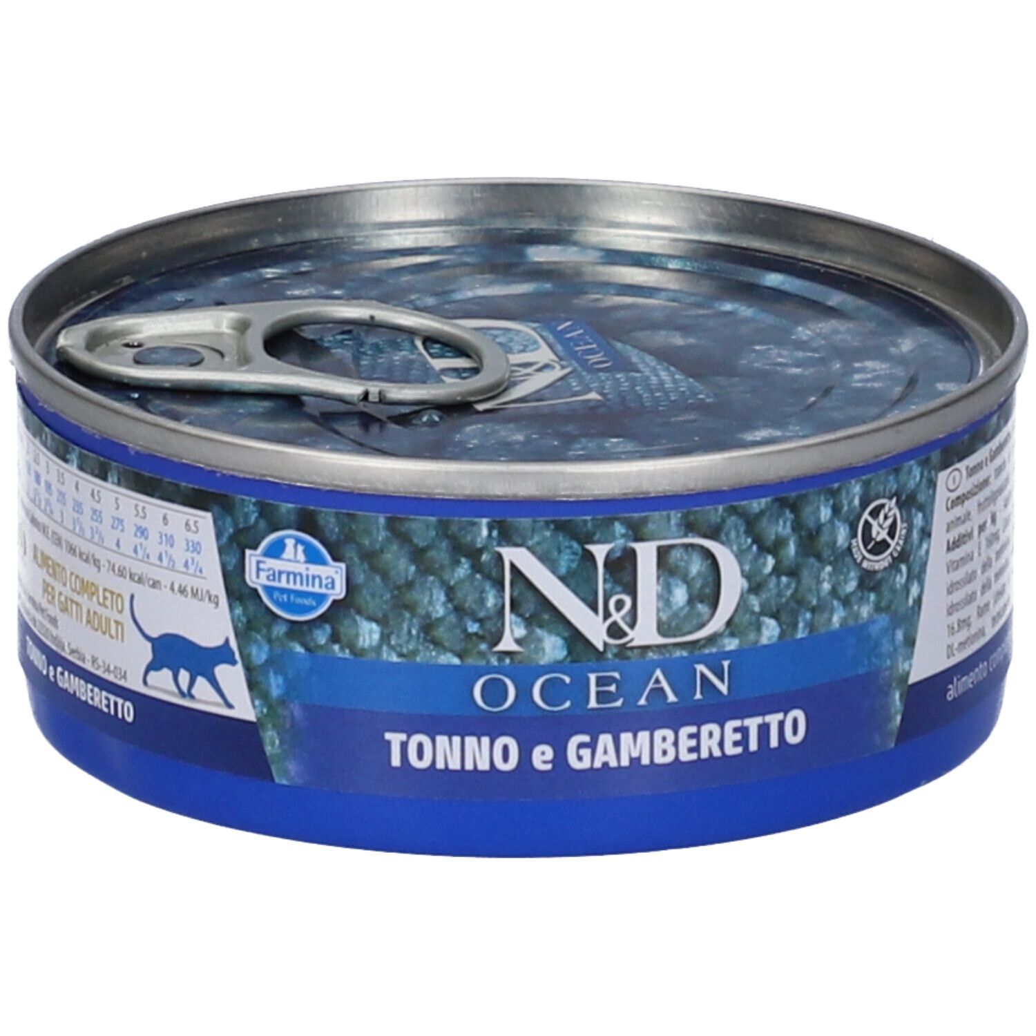 Runde Dose Nassfutter. Blaue Banderole mit Text und Logo. "N&D OCEAN Tonno e Gamberetto" steht auf der Dose. Farmina Logo.