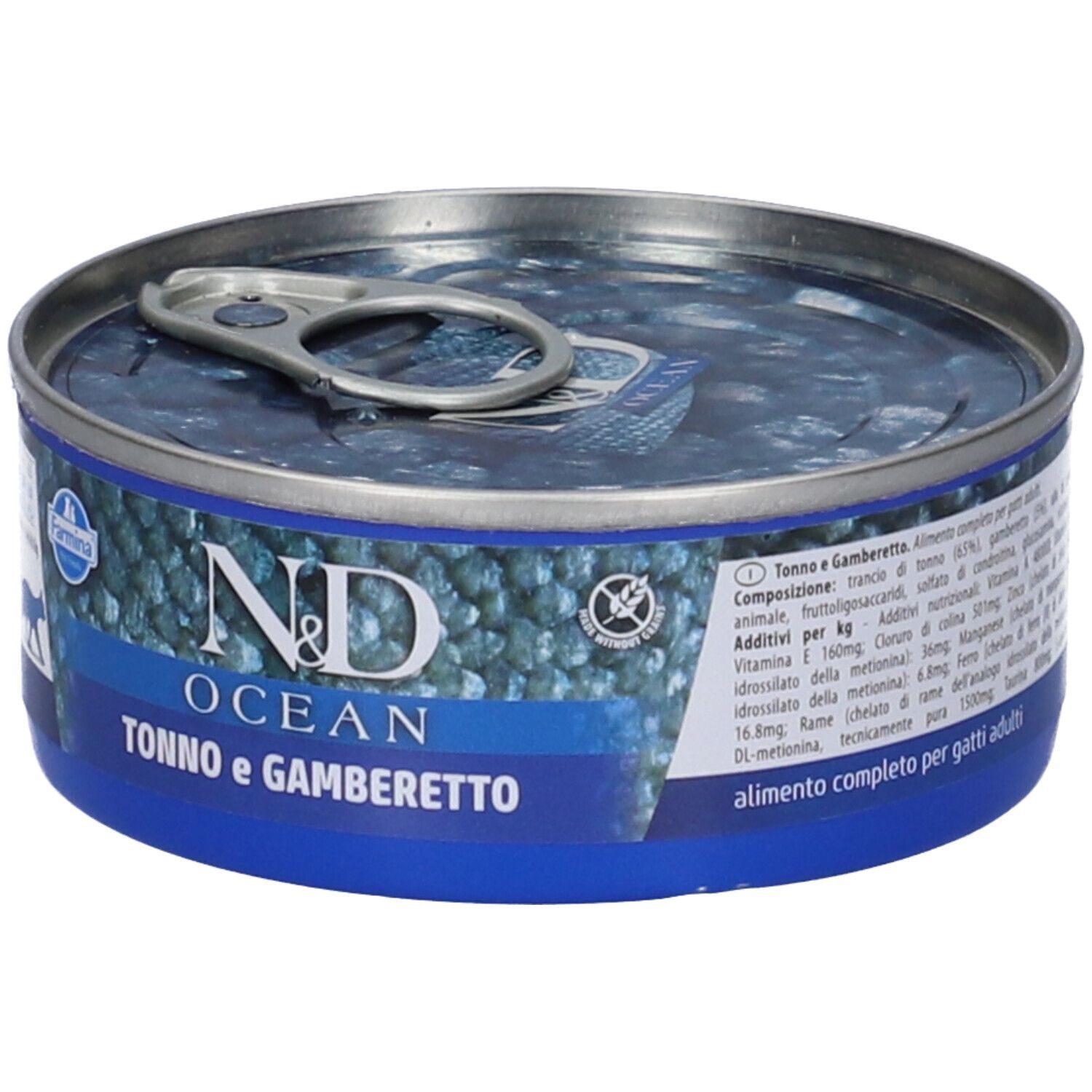 Runde Dose Nassfutter. Blaue Banderole mit Text und Logo. "N&D OCEAN Tonno e Gamberetto" steht auf der Dose. Farmina Logo.